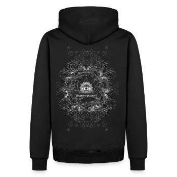 Shanti Planti Bio-Druck auf der Rückseite - Männer Premium Bio Hoodie - Schwarz - Hinten - Nico (187cm)