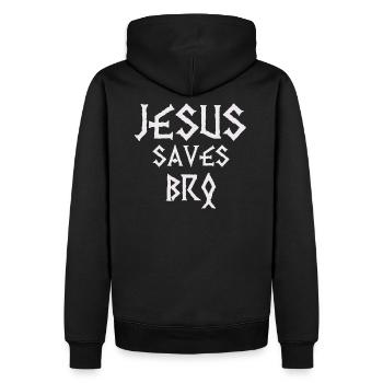 Jésus Saves Bro, cadeau shirt argent design - Sweat à capuche Premium bio Homme - noir - Dos - Nico (187cm)