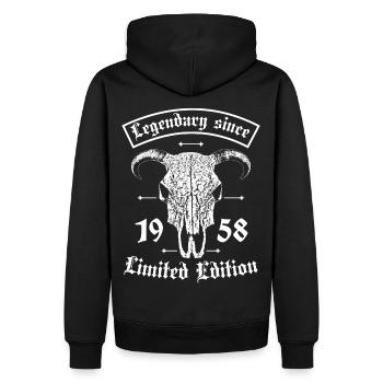 Legendary since 1958 Limited Edition Stier Skull - Männer Premium Bio Hoodie - Schwarz - Hinten - Nico (187cm)