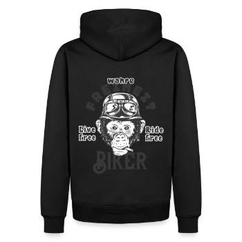 Wahre Freiheit, Motorradfahrer, Affe mit Helm - Männer Premium Bio Hoodie - Schwarz - Hinten - Nico (187cm)
