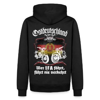 Ostmoped DDR Wer IFA fährt, fährt nie verkehrt VEB - Männer Premium Bio Hoodie - Schwarz - Hinten - Nico (187cm)