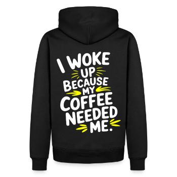 Kaffee Zitat Ich bin aufgewacht, weil mein Kaffee mich brauchte - Männer Premium Bio Hoodie - Schwarz - Hinten - Nico (187cm)