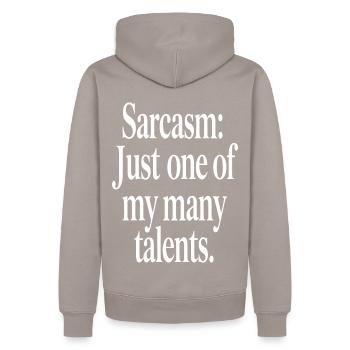 Sarcasm Talent Statement Design - Men’s Premium Organic Hoodie - taupe - Back - Nico (187cm)