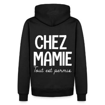 Chez Mamie tout est permis Cadeau mamie grand mère - Sweat à capuche Premium bio Homme - noir - Dos - Nico (187cm)