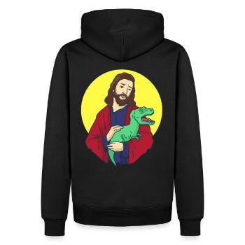 Jesus mit Dino im Arm - T-Rex und Christus - Männer Premium Bio Hoodie - Schwarz - Hinten - Nico (187cm)