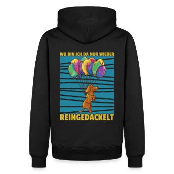 Dackel - Wo bin ich da nur wieder reingedackelt - Männer Premium Bio Hoodie - Schwarz - Hinten - Nico (187cm)