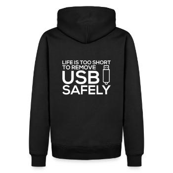 LIFE IS TOO SHORT TO REMOVE USB SAFELY - Männer Premium Bio Hoodie - Schwarz - Hinten - Nico (187cm)