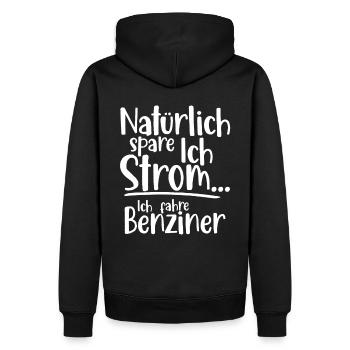Natürlich spare ich Strom Ich fahre Benziner - Männer Premium Bio Hoodie - Schwarz - Hinten - Nico (187cm)
