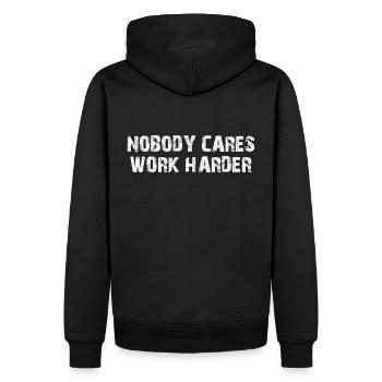 Nobody Cares Work Harder - Men’s Premium Organic Hoodie - black - Back - Nico (187cm)