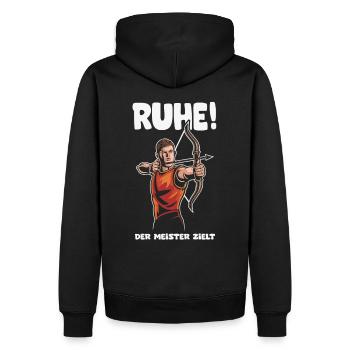 Ruhe! Der Meister zielt! Bogenschießen Bogensport - Männer Premium Bio Hoodie - Schwarz - Hinten - Nico (187cm)