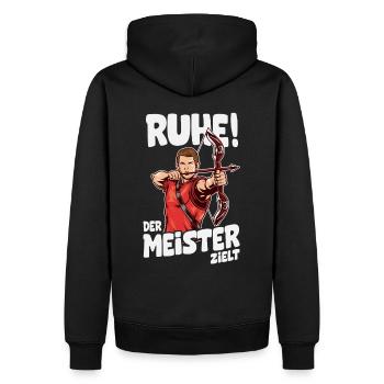 Ruhe! Der Meister zielt! Bogenschießen Bogensport - Männer Premium Bio Hoodie - Schwarz - Hinten - Nico (187cm)