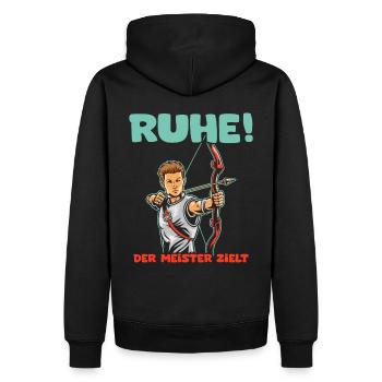 Ruhe! Der Meister zielt! Bogenschießen Bogensport - Männer Premium Bio Hoodie - Schwarz - Hinten - Nico (187cm)