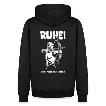 Ruhe! Der Meister zielt! Bogenschießen Bogensport - Männer Premium Bio Hoodie - Schwarz - Hinten - Nico (187cm)