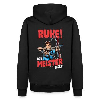 Ruhe! Der Meister zielt! Bogenschießen Bogensport - Männer Premium Bio Hoodie - Schwarz - Hinten - Nico (187cm)
