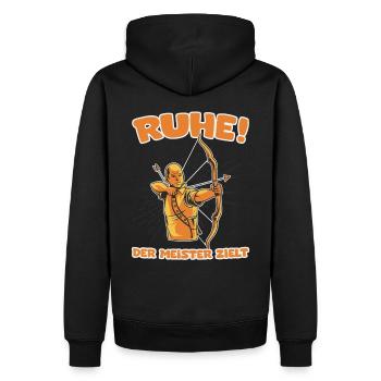 Ruhe! Der Meister zielt! Bogenschießen Bogensport - Männer Premium Bio Hoodie - Schwarz - Hinten - Nico (187cm)