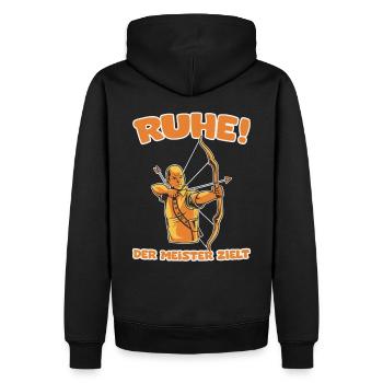 Ruhe! Der Meister zielt! Bogenschießen Bogensport - Männer Premium Bio Hoodie - Schwarz - Hinten - Nico (187cm)