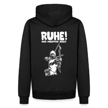 Ruhe! Der Meister zielt! Bogenschießen Bogensport - Männer Premium Bio Hoodie - Schwarz - Hinten - Nico (187cm)
