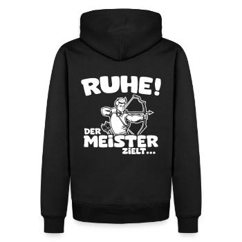 Ruhe! Der Meister zielt! Bogenschießen Bogensport - Männer Premium Bio Hoodie - Schwarz - Hinten - Nico (187cm)
