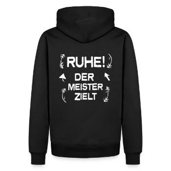 Ruhe! Der Meister zielt! Bogenschießen Bogensport - Männer Premium Bio Hoodie - Schwarz - Hinten - Nico (187cm)