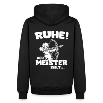Ruhe! Der Meister zielt! Bogenschießen Bogensport - Männer Premium Bio Hoodie - Schwarz - Hinten - Nico (187cm)