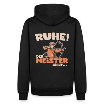 Ruhe! Der Meister zielt! Bogenschießen Bogensport - Männer Premium Bio Hoodie - Schwarz - Hinten - Nico (187cm)