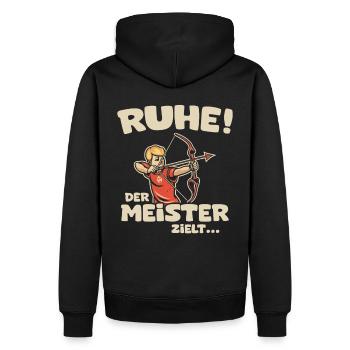 Ruhe! Der Meister zielt! Bogenschießen Bogensport - Männer Premium Bio Hoodie - Schwarz - Hinten - Nico (187cm)