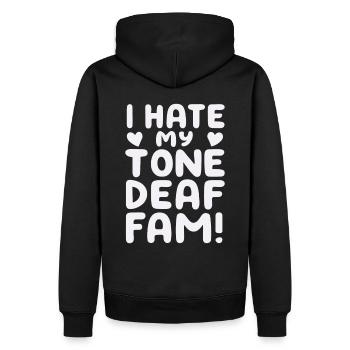 JE DÉTESTE MA FAMILLE SOURDE - Sweat à capuche Premium bio Homme - noir - Dos - Nico (187cm)