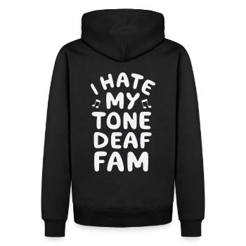 I HATE MY DEAF-TONE FAM - Men’s Premium Organic Hoodie - black - Back - Nico (187cm)