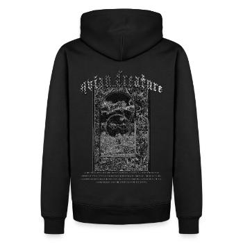Monochrome "AVIAN CREATURE" gothic typography - Men’s Premium Organic Hoodie - black - Back - Nico (187cm)