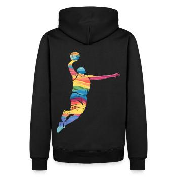 Abstrakte Basketball-Dunk-Kunst in leuchtenden Farben - Männer Premium Bio Hoodie - Schwarz - Hinten - Nico (187cm)