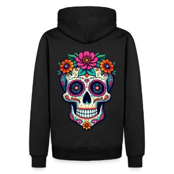 Floraler Zuckerschädel – Lebendige Kunst zum Tag der Toten - Männer Premium Bio Hoodie - Schwarz - Hinten - Nico (187cm)