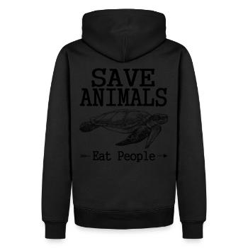 Lustiger Spruch Tiere Schützen, Menschen Essen - Männer Premium Bio Hoodie - Schwarz - Hinten - Nico (187cm)
