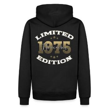 50e anniversaire Original Novembre 1975 Volume 75 - Sweat à capuche Premium bio Homme - noir - Dos - Nico (187cm)