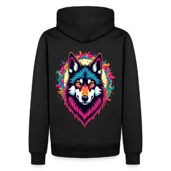 Tête de loup néon avec soleil – Art psychédélique coloré - Sweat à capuche Premium bio Homme - noir - Dos - Nico (187cm)