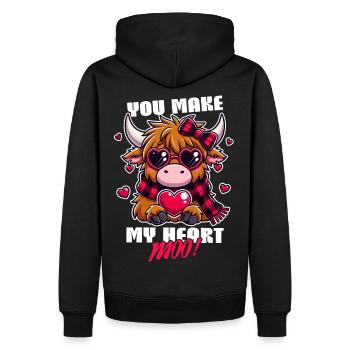 Highland Cow Valentinstags-Design - My Heart Moo - Männer Premium Bio Hoodie - Schwarz - Hinten - Nico (187cm)