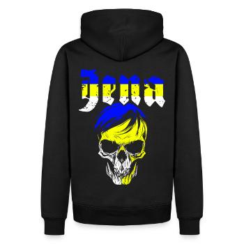 Jena Skull BLUE YELLOW WHITE - Men’s Premium Organic Hoodie - black - Back - Nico (187cm)