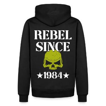 Rebel since 1984 - Men’s Premium Organic Hoodie - black - Back - Nico (187cm)