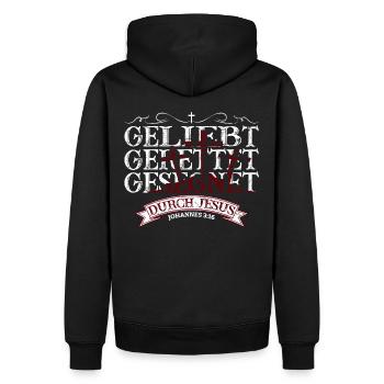 Geliebt, gerettet, gesegnet durch Jesus Christus - Männer Premium Bio Hoodie - Schwarz - Hinten - Nico (187cm)