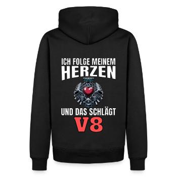 Lustiger Spruch Ich folge meinem Herzen V8 - Männer Premium Bio Hoodie - Schwarz - Hinten - Nico (187cm)