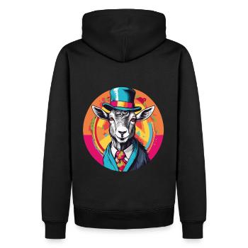 Ziege mit Sakko, Schleife und Hut im Farbkreis - Männer Premium Bio Hoodie - Schwarz - Hinten - Nico (187cm)