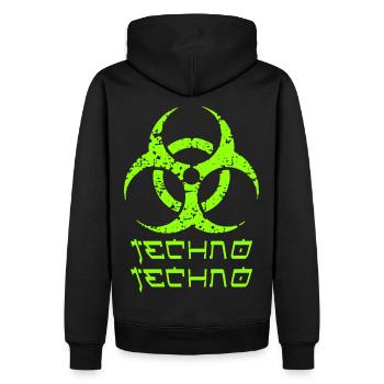 Techno Techno TEKK Logo Neongelb - Männer Premium Bio Hoodie - Schwarz - Hinten - Nico (187cm)