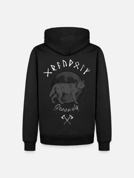 Wikinger Grauwolf, Vollmond, Runenschrift - Männer Premium Bio Hoodie - Schwarz