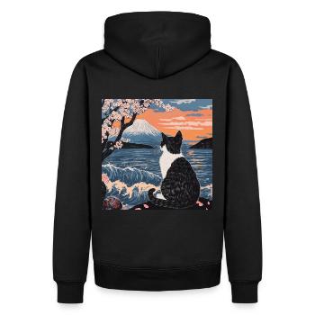 Japanese Cat Mount Fuji Cherry Blossom - Men’s Premium Organic Hoodie - black - Back - Nico (187cm)
