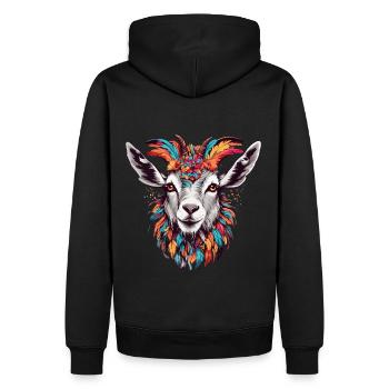 Colorful goat billy goat decorated with feathers - Men’s Premium Organic Hoodie - black - Back - Nico (187cm)