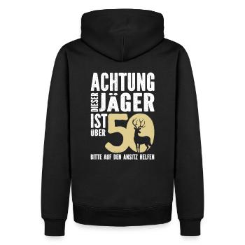 Achtung, dieser Jäger ist 50 - Männer Premium Bio Hoodie - Schwarz - Hinten - Nico (187cm)