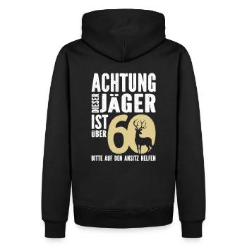Achtung, dieser Jäger ist 60 - Männer Premium Bio Hoodie - Schwarz - Hinten - Nico (187cm)
