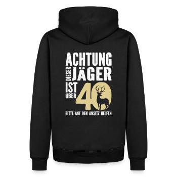 Achtung, dieser Jäger ist 40 - Männer Premium Bio Hoodie - Schwarz - Hinten - Nico (187cm)