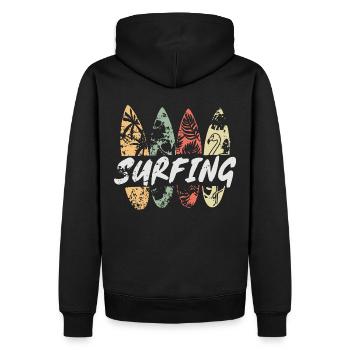 Surfing - Retro - Hawaii Tiki Surfer UsedLook 80s - Männer Premium Bio Hoodie - Schwarz - Hinten - Nico (187cm)