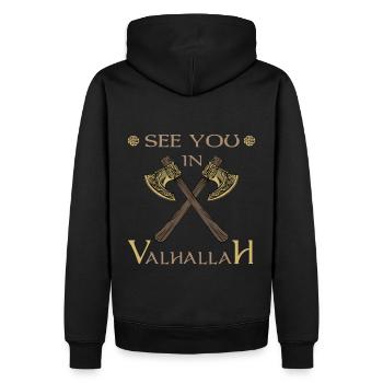 See you in Valhalla Wikinger Spruch Äxte - Männer Premium Bio Hoodie - Schwarz - Hinten - Nico (187cm)