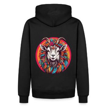 Ziege mit Federschmuck und Blumen im Farbkreis - Männer Premium Bio Hoodie - Schwarz - Hinten - Nico (187cm)
